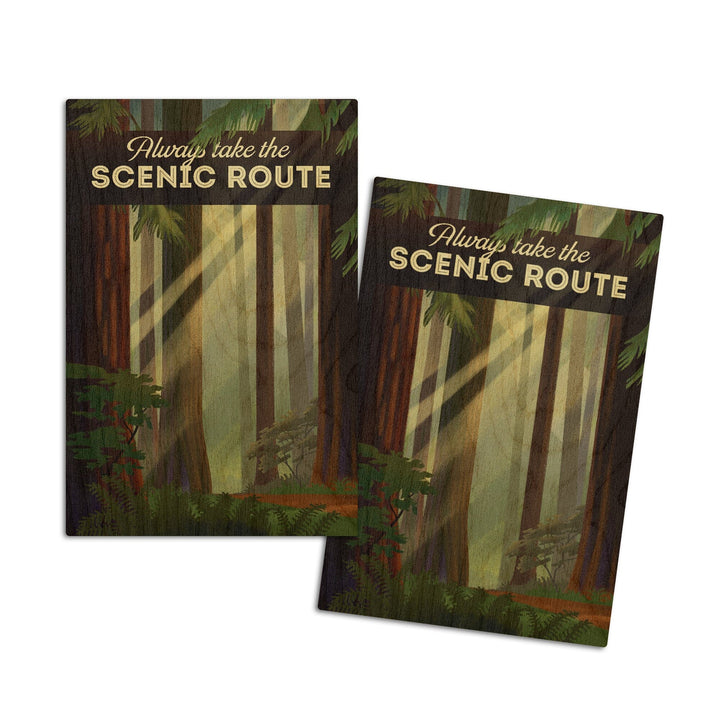 Always Take the Scenic Route, Forest, Geometric Lithograph, Lantern Press Artwork, Wood Signs and Postcards Wood Lantern Press 4x6 Wood Postcard Set 