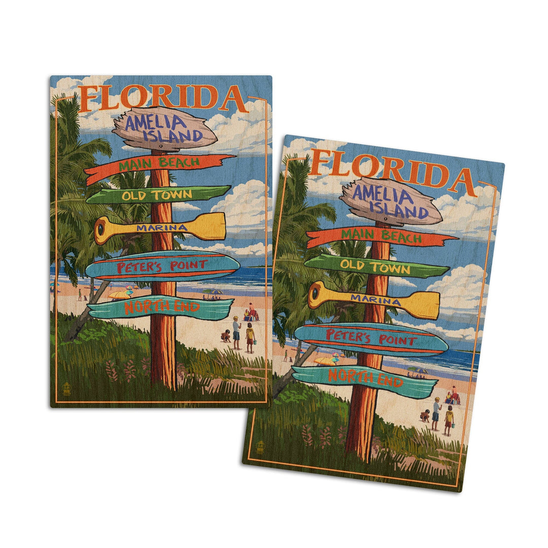 Amelia Island, Florida, Destinations Signpost, Lantern Press Poster, Wood Signs and Postcards Wood Lantern Press 4x6 Wood Postcard Set 