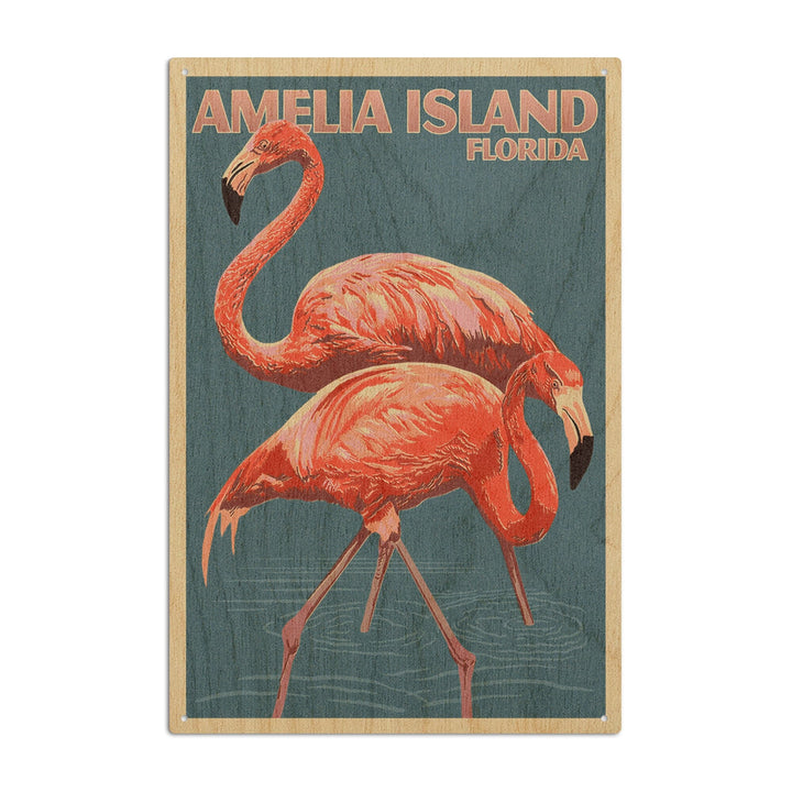 Amelia Island, Florida, Flamingo, Letterpress, Lantern Press Artwork, Wood Signs and Postcards Wood Lantern Press 10 x 15 Wood Sign 