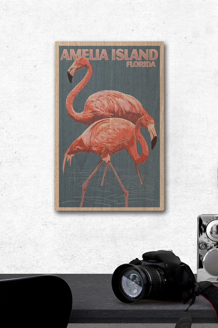Amelia Island, Florida, Flamingo, Letterpress, Lantern Press Artwork, Wood Signs and Postcards Wood Lantern Press 12 x 18 Wood Gallery Print 