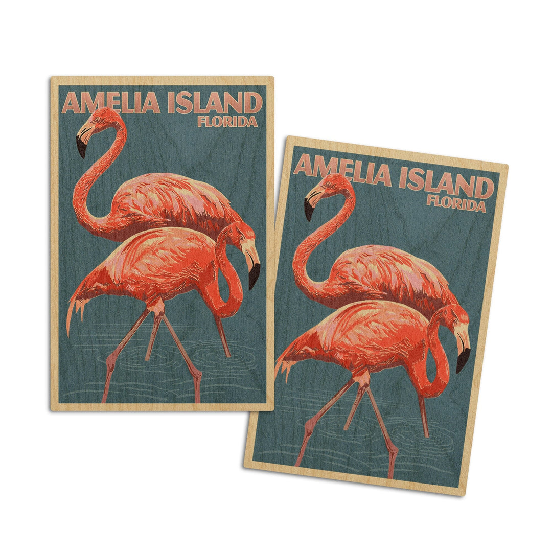 Amelia Island, Florida, Flamingo, Letterpress, Lantern Press Artwork, Wood Signs and Postcards Wood Lantern Press 4x6 Wood Postcard Set 