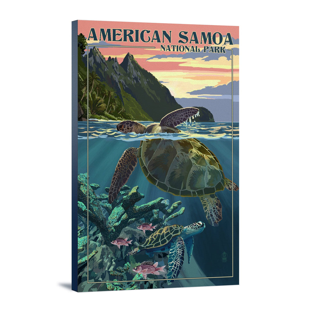 American Samoa National Park, American Samoa, Sea Turtles & Sunset, Painterly Series, Lantern Press Artwork, Stretched Canvas Canvas Lantern Press 12x18 Stretched Canvas 