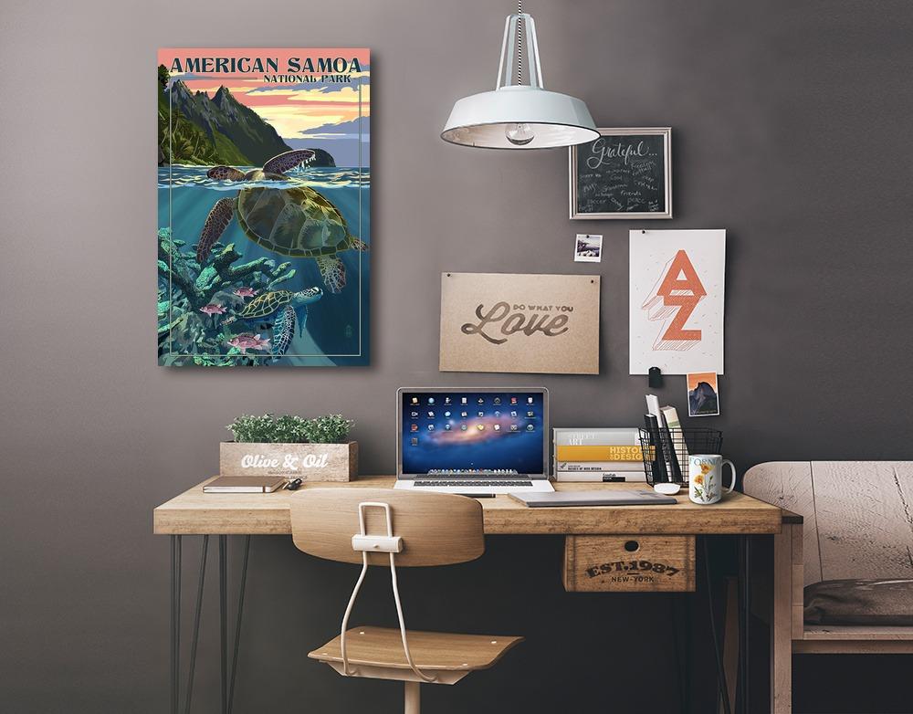American Samoa National Park, American Samoa, Sea Turtles & Sunset, Painterly Series, Lantern Press Artwork, Stretched Canvas Canvas Lantern Press 