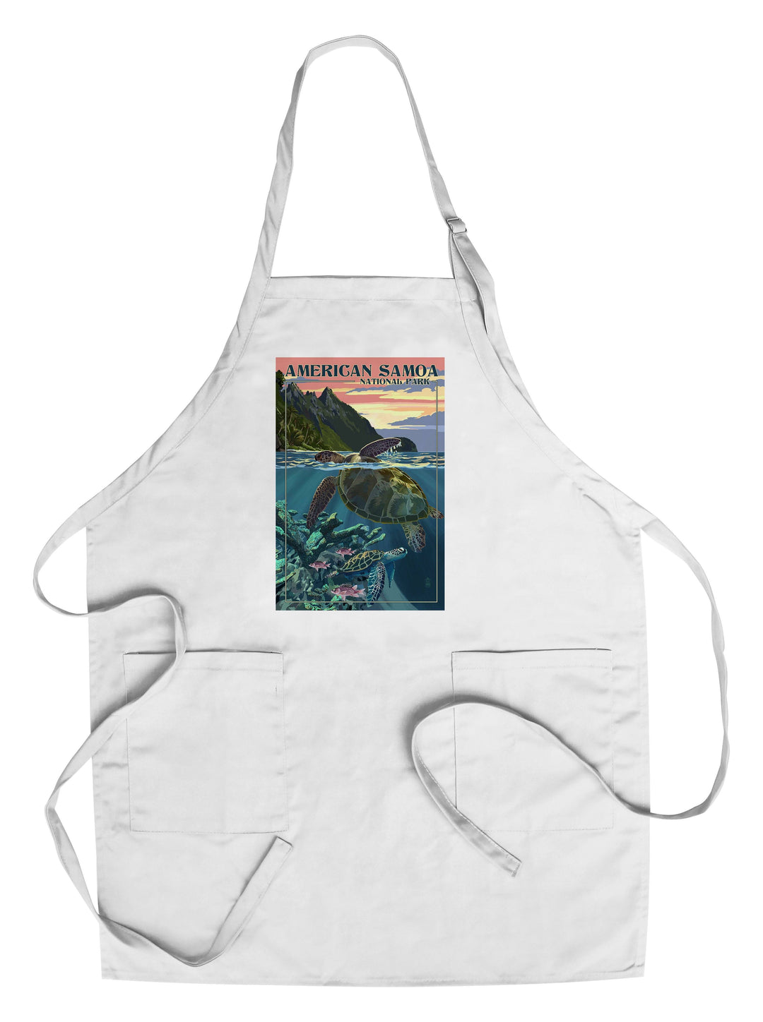 American Samoa National Park, American Samoa, Sea Turtles & Sunset, Painterly Series, Lantern Press Artwork, Towels and Aprons Kitchen Lantern Press Chef's Apron 