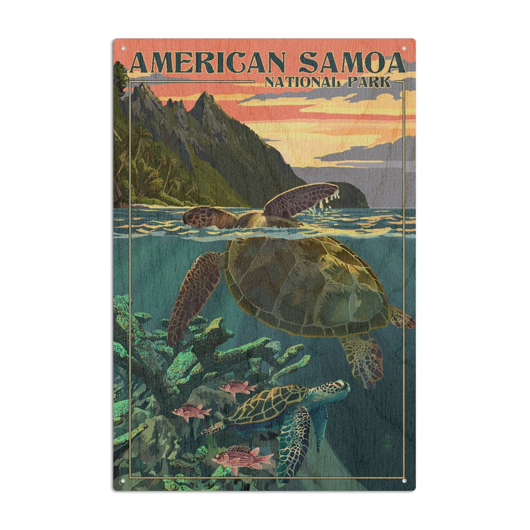 American Samoa National Park, American Samoa, Sea Turtles & Sunset, Painterly Series, Lantern Press Artwork, Wood Signs and Postcards Wood Lantern Press 10 x 15 Wood Sign 