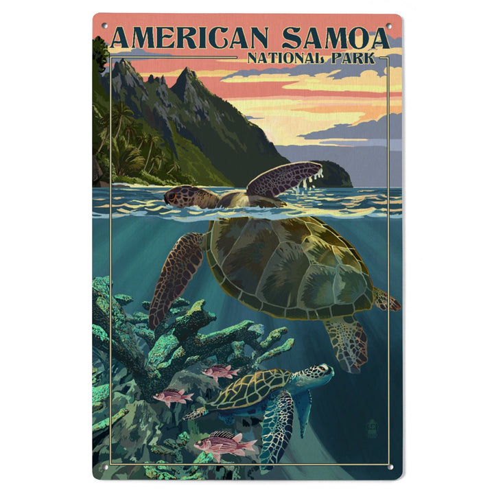 American Samoa National Park, American Samoa, Sea Turtles & Sunset, Painterly Series, Lantern Press Artwork, Wood Signs and Postcards Wood Lantern Press 