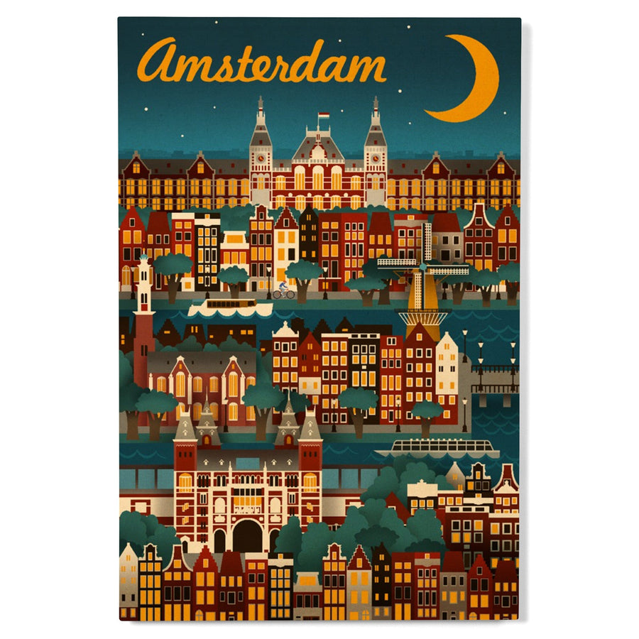 Amsterdam, Retro Skyline, Lantern Press Artwork, Wood Signs and Postcards Wood Lantern Press 