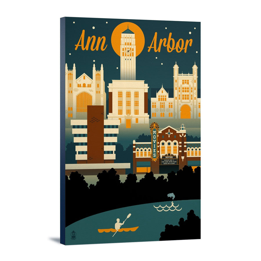 Ann Arbor, Michigan, Retro Skyline, Lantern Press Artwork Canvas Lantern Press 