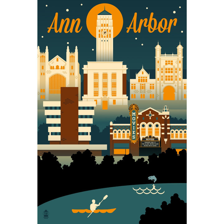 Ann Arbor, Michigan, Retro Skyline, Lantern Press Artwork Canvas Lantern Press 