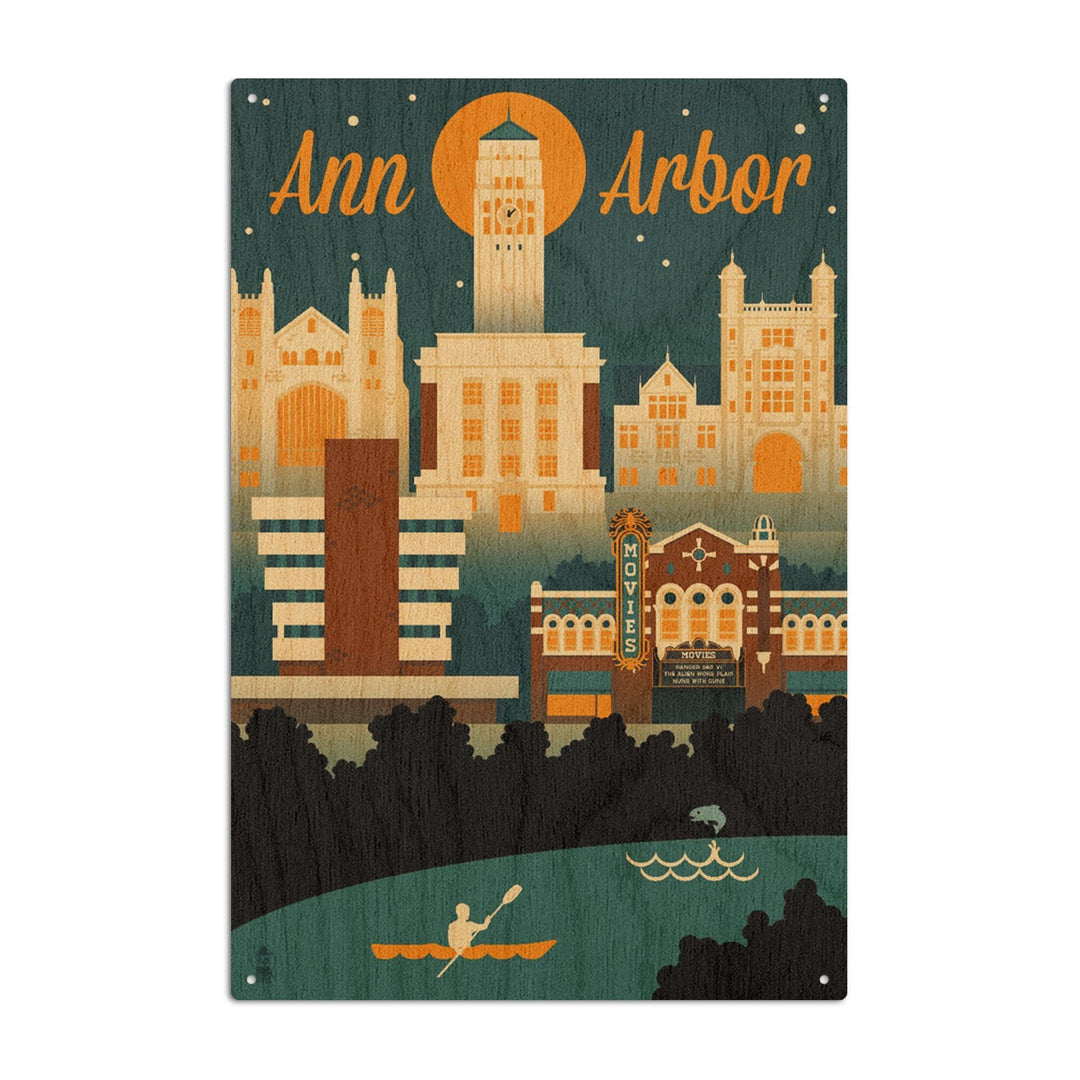 Ann Arbor, Michigan, Retro Skyline, Lantern Press Artwork, Wood Signs and Postcards Wood Lantern Press 10 x 15 Wood Sign 