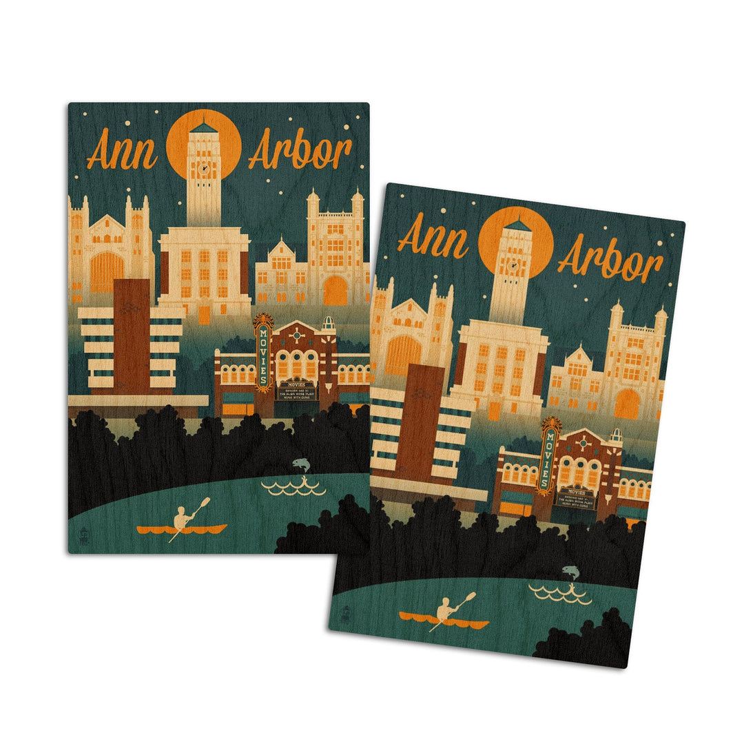 Ann Arbor, Michigan, Retro Skyline, Lantern Press Artwork, Wood Signs and Postcards Wood Lantern Press 4x6 Wood Postcard Set 