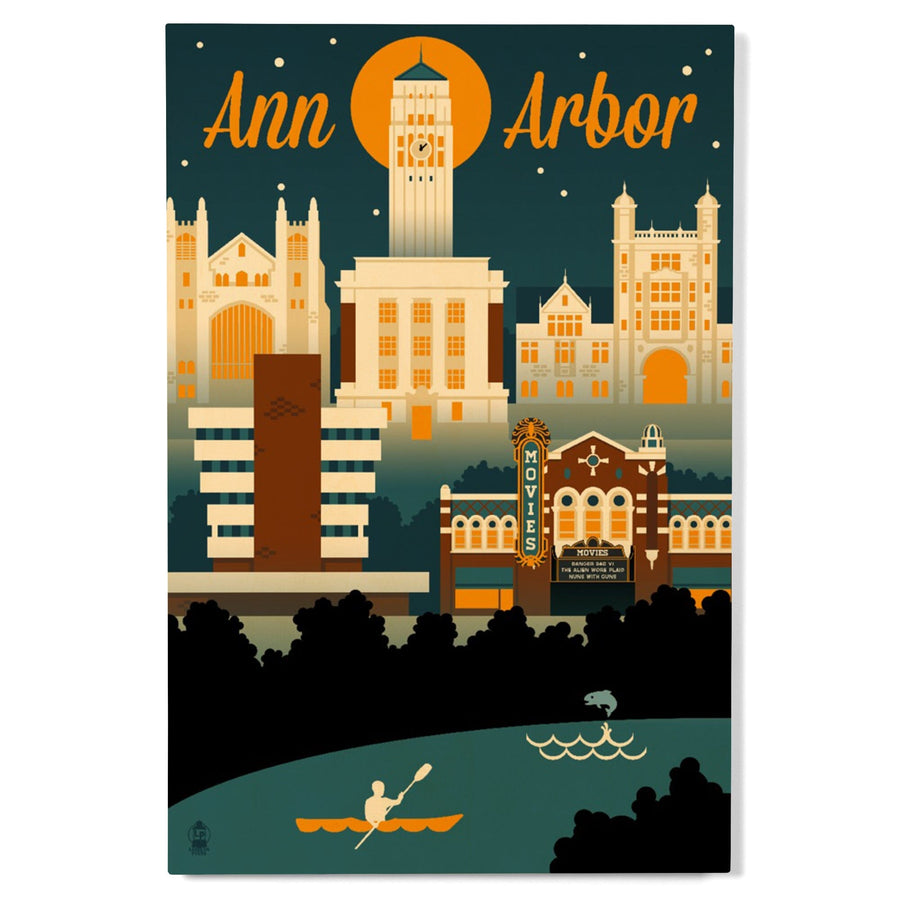 Ann Arbor, Michigan, Retro Skyline, Lantern Press Artwork, Wood Signs and Postcards Wood Lantern Press 