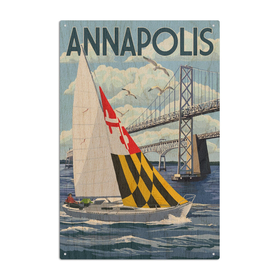 Annapolis, Maryland, Sloop Sailboat & Chesapeake Bay Bridge, Lantern Press Artwork, Wood Signs and Postcards Wood Lantern Press 10 x 15 Wood Sign 