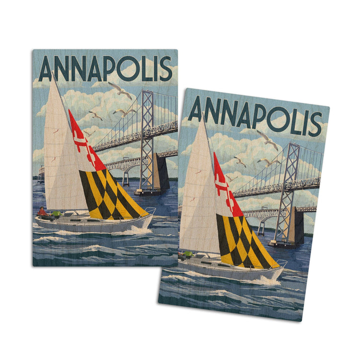 Annapolis, Maryland, Sloop Sailboat & Chesapeake Bay Bridge, Lantern Press Artwork, Wood Signs and Postcards Wood Lantern Press 4x6 Wood Postcard Set 
