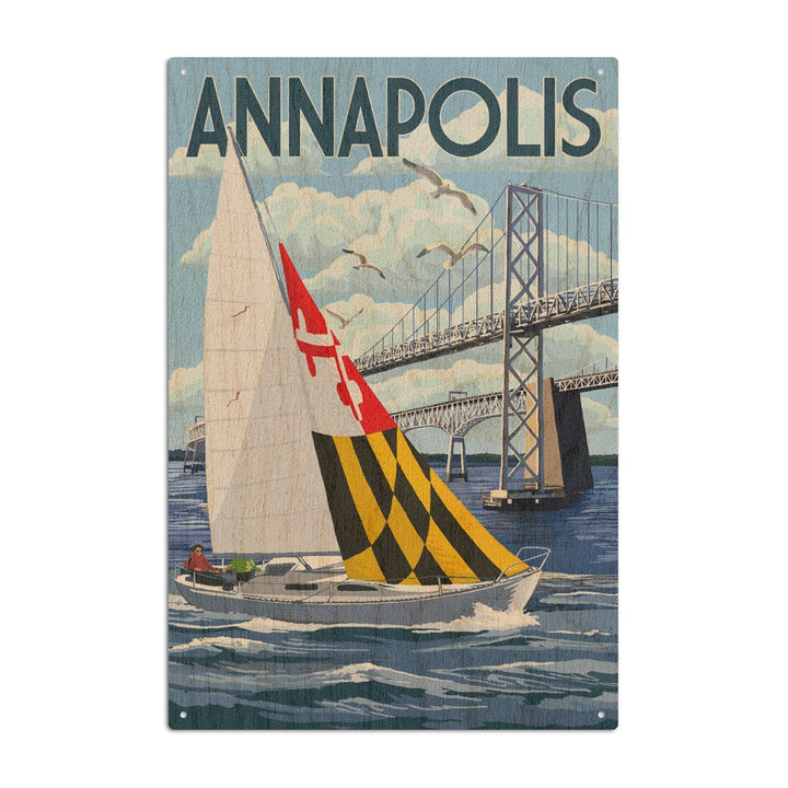 Annapolis, Maryland, Sloop Sailboat & Chesapeake Bay Bridge, Lantern Press Artwork, Wood Signs and Postcards Wood Lantern Press 6x9 Wood Sign 