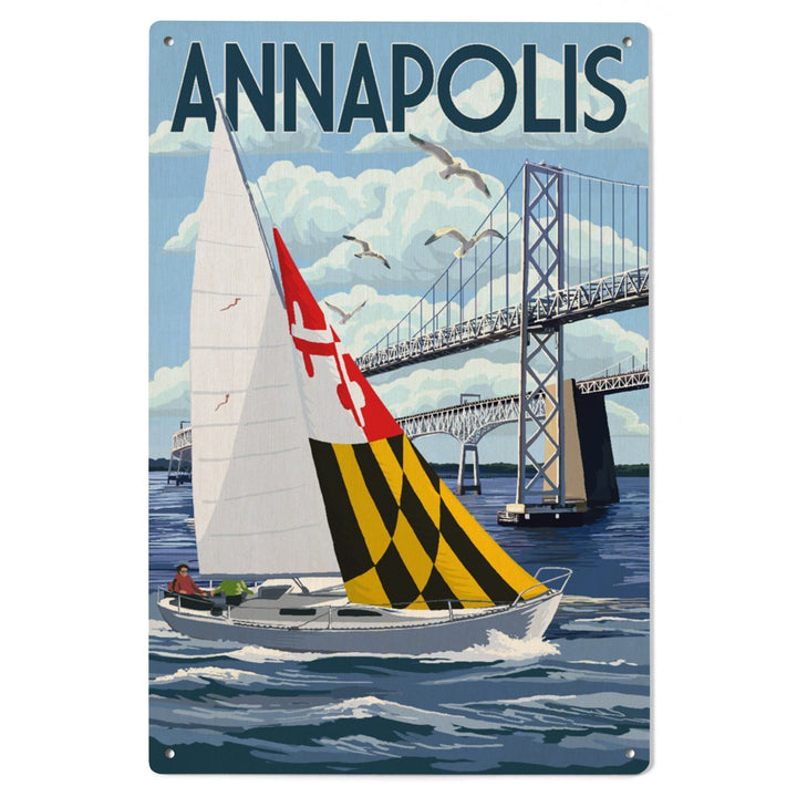 Annapolis, Maryland, Sloop Sailboat & Chesapeake Bay Bridge, Lantern Press Artwork, Wood Signs and Postcards Wood Lantern Press 