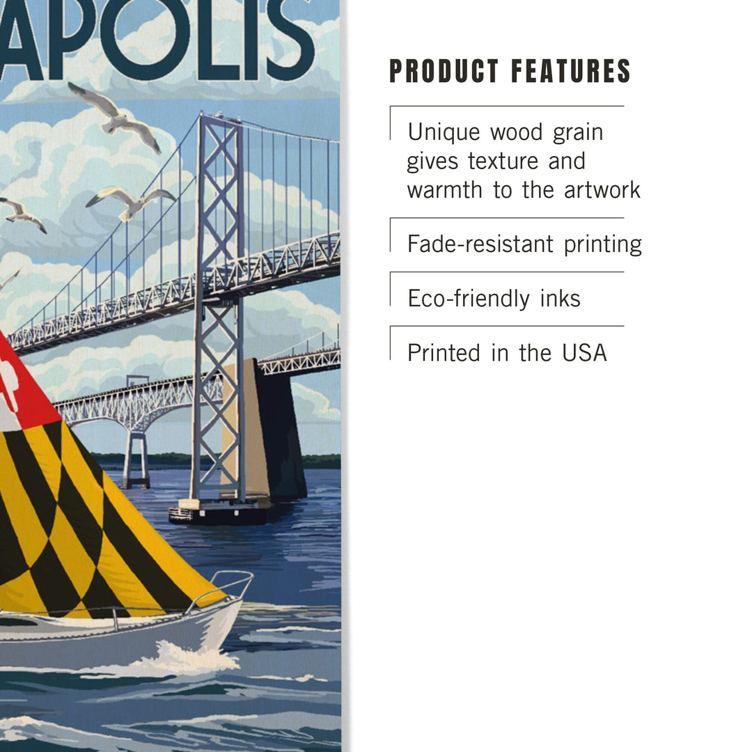 Annapolis, Maryland, Sloop Sailboat & Chesapeake Bay Bridge, Lantern Press Artwork, Wood Signs and Postcards Wood Lantern Press 