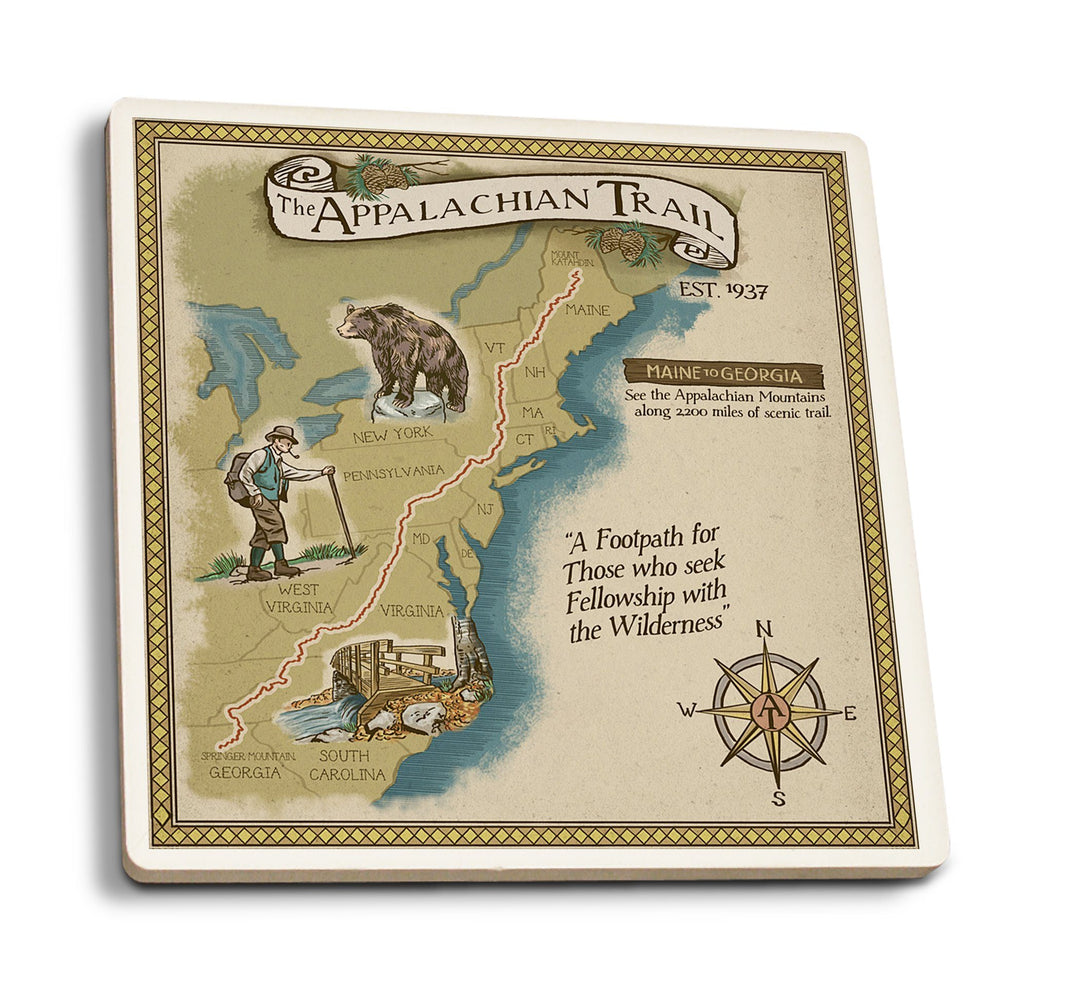 Appalachian Trail Map, Lantern Press Artwork, Coaster Set Coasters Lantern Press 