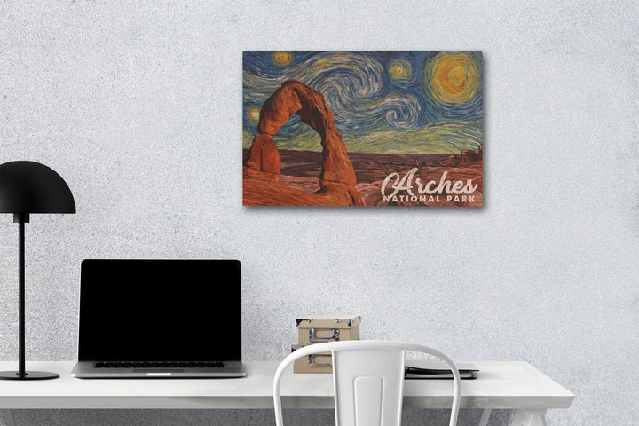Arches National Park, Starry Night Series, Delicate Arch, Lantern Press Artwork, Wood Signs and Postcards Wood Lantern Press 12 x 18 Wood Gallery Print 