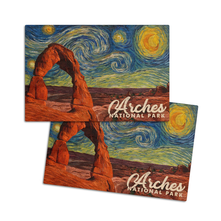 Arches National Park, Starry Night Series, Delicate Arch, Lantern Press Artwork, Wood Signs and Postcards Wood Lantern Press 4x6 Wood Postcard Set 