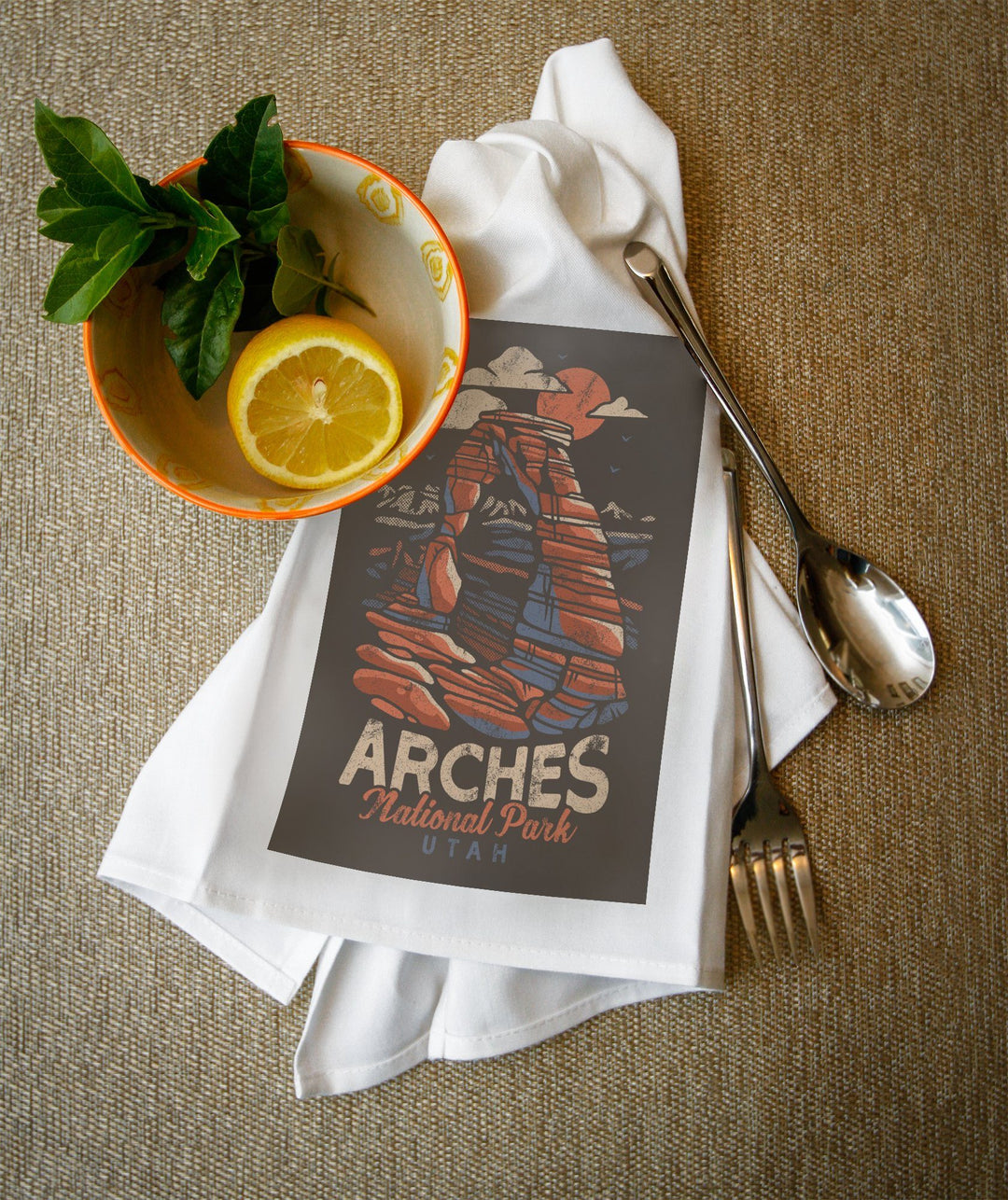 Arches National Park, Utah, Delicate Arch, Distressed Vector, Lantern Press Artwork, Towels and Aprons Kitchen Lantern Press 