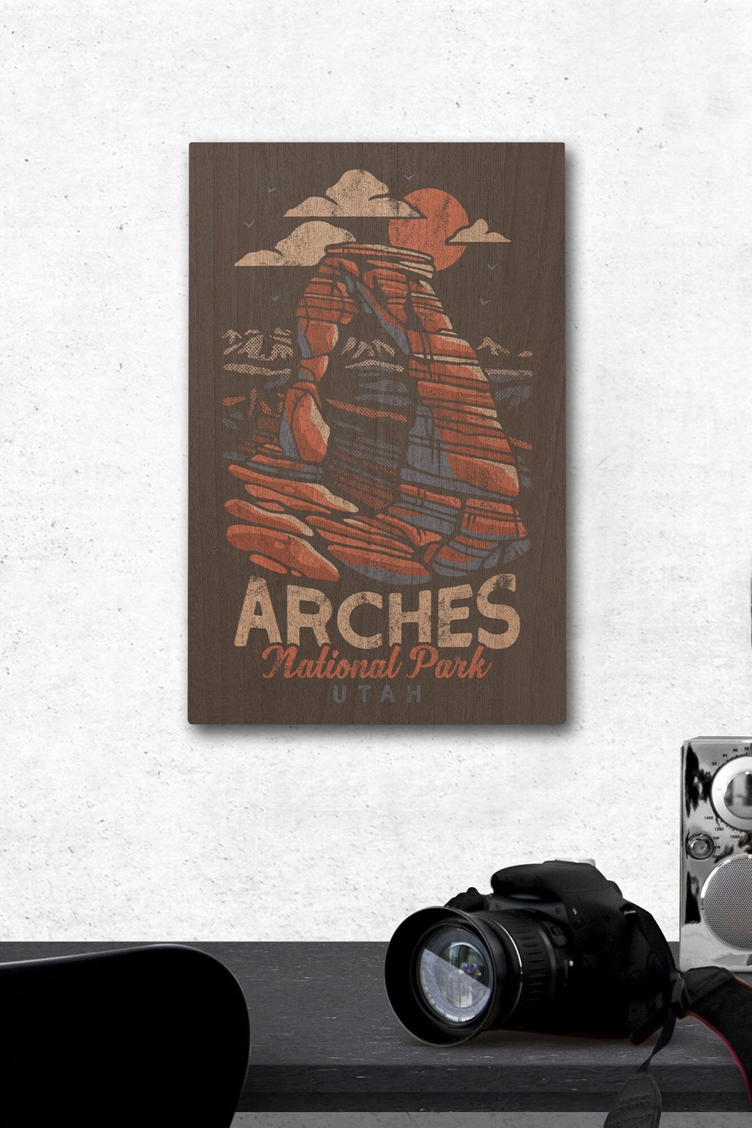 Arches National Park, Utah, Delicate Arch, Distressed Vector, Lantern Press Artwork, Wood Signs and Postcards Wood Lantern Press 12 x 18 Wood Gallery Print 