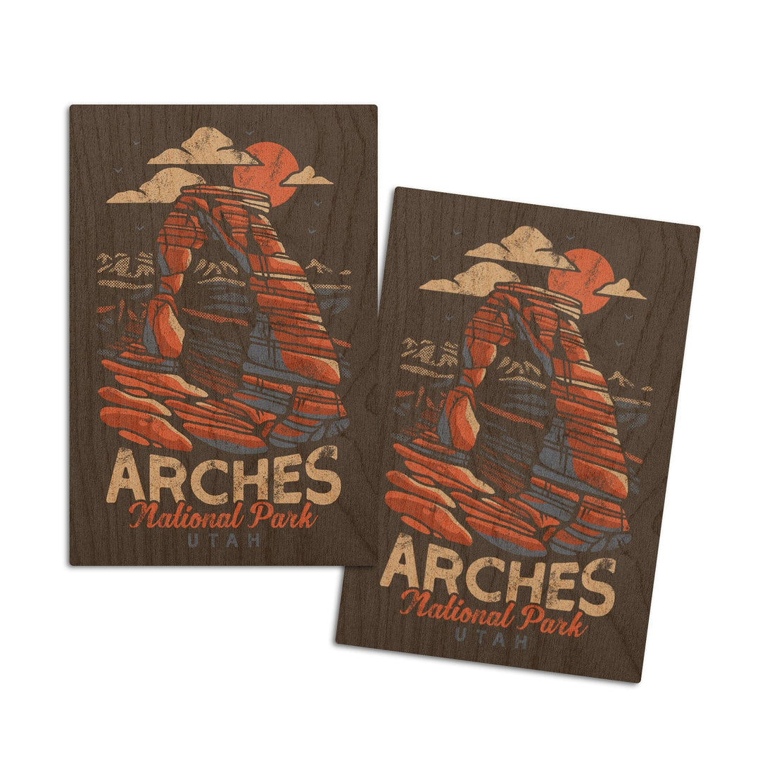 Arches National Park, Utah, Delicate Arch, Distressed Vector, Lantern Press Artwork, Wood Signs and Postcards Wood Lantern Press 4x6 Wood Postcard Set 