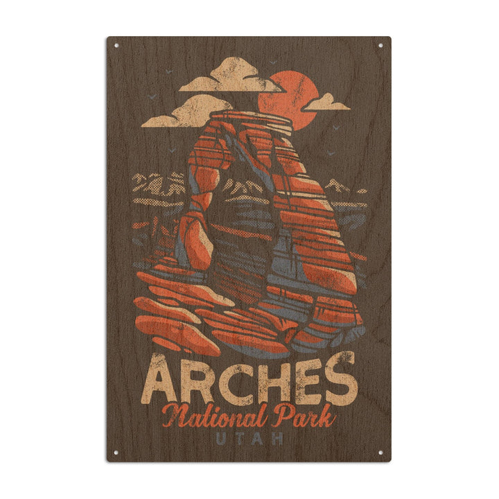 Arches National Park, Utah, Delicate Arch, Distressed Vector, Lantern Press Artwork, Wood Signs and Postcards Wood Lantern Press 6x9 Wood Sign 
