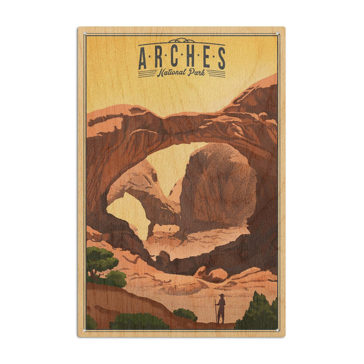 Arches National Park, Utah, Double Arch, Litho, Lantern Press Artwork, Wood Signs and Postcards Wood Lantern Press 10 x 15 Wood Sign 
