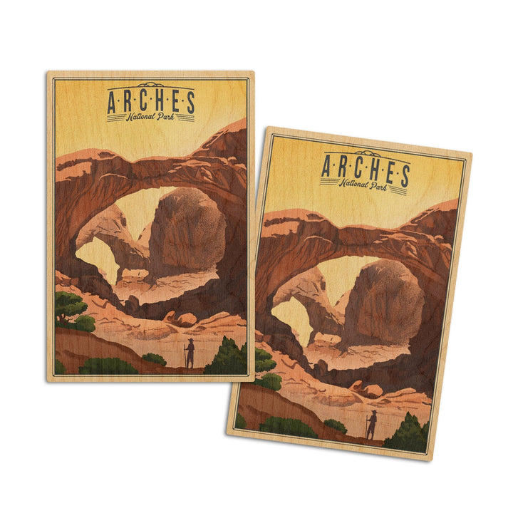 Arches National Park, Utah, Double Arch, Litho, Lantern Press Artwork, Wood Signs and Postcards Wood Lantern Press 4x6 Wood Postcard Set 