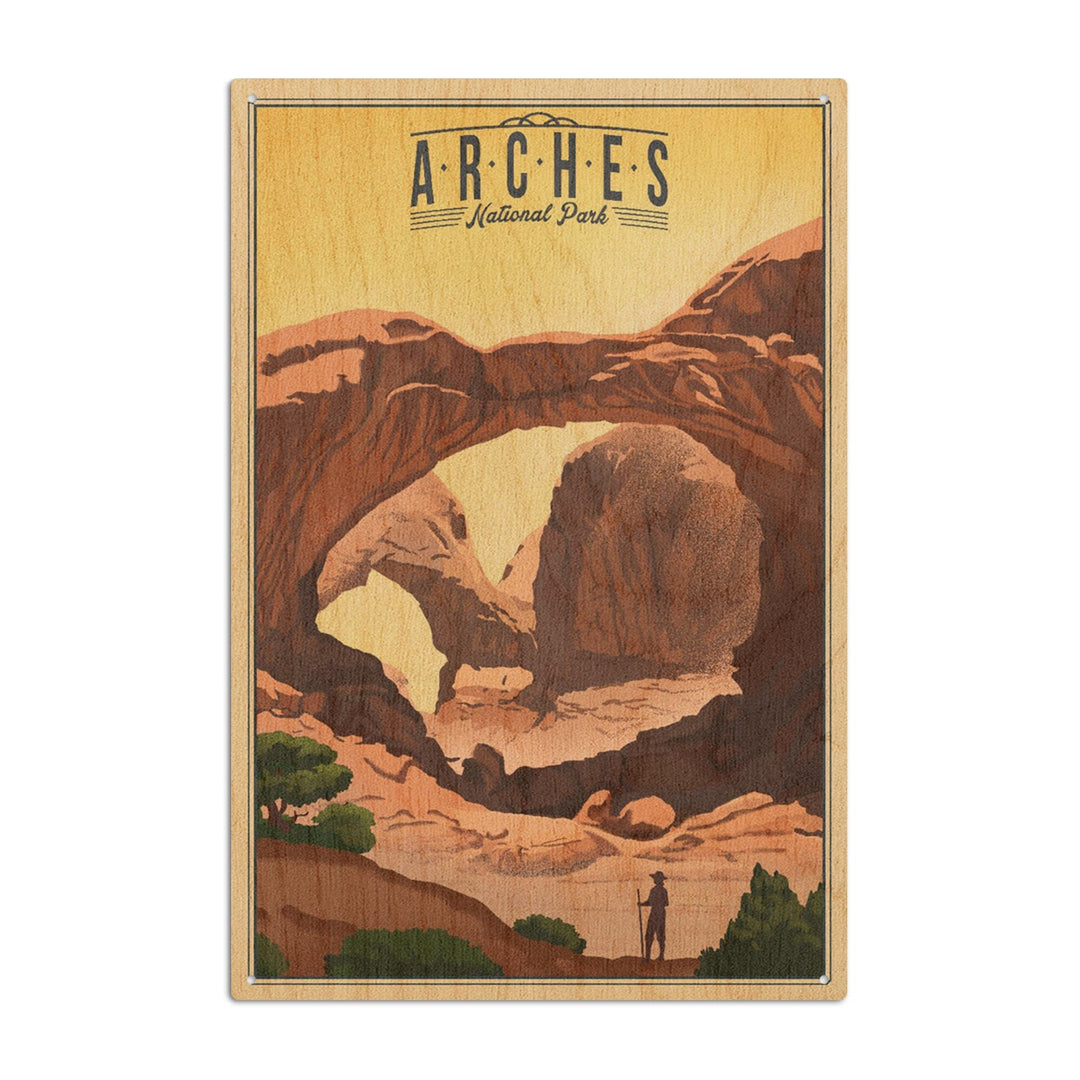 Arches National Park, Utah, Double Arch, Litho, Lantern Press Artwork, Wood Signs and Postcards Wood Lantern Press 6x9 Wood Sign 