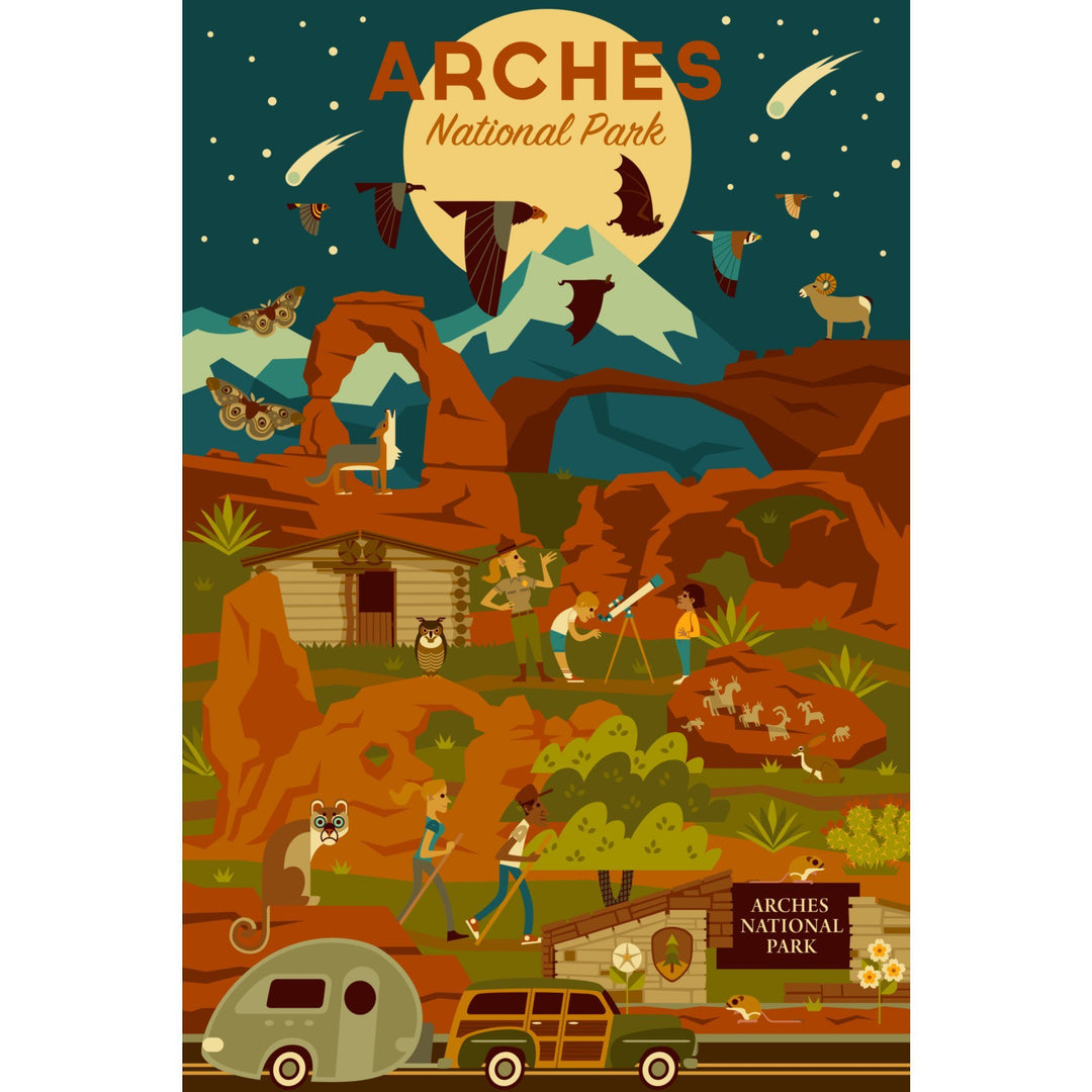 Arches National Park, Utah, Geometric National Park Series, Night Scene, Lantern Press Artwork, Towels and Aprons Kitchen Lantern Press 