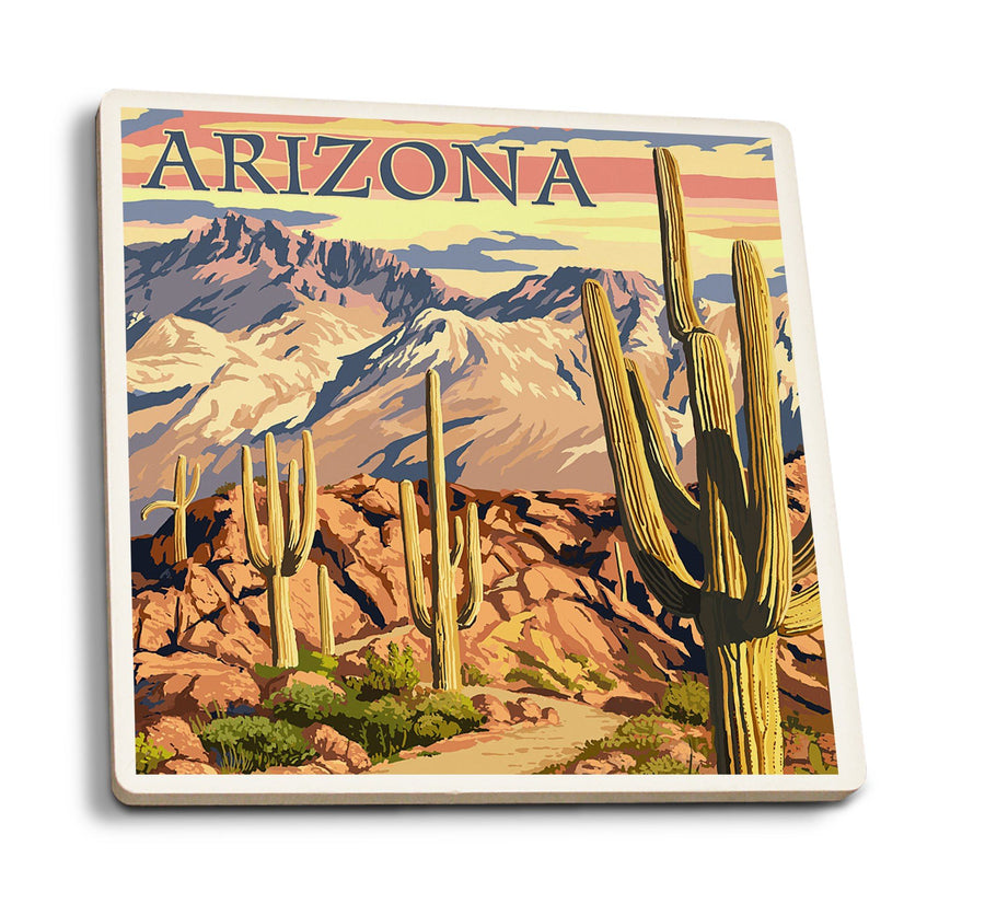 Arizona, Desert Cactus Trail Scene at Sunset, Lantern Press Artwork, Coaster Set Coasters Lantern Press 