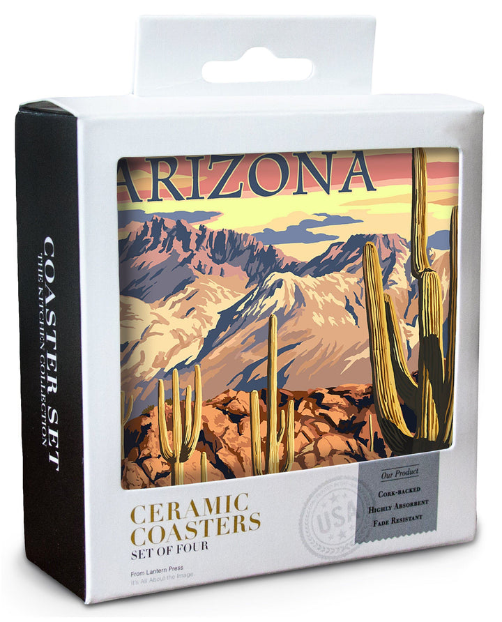 Arizona, Desert Cactus Trail Scene at Sunset, Lantern Press Artwork, Coaster Set Coasters Lantern Press 