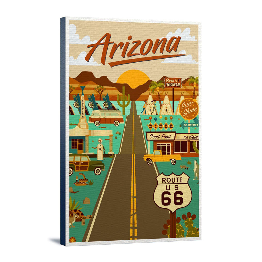 Arizona, Route 66, Geometric, Lantern Press Artwork, Stretched Canvas Canvas Lantern Press 12x18 Stretched Canvas 