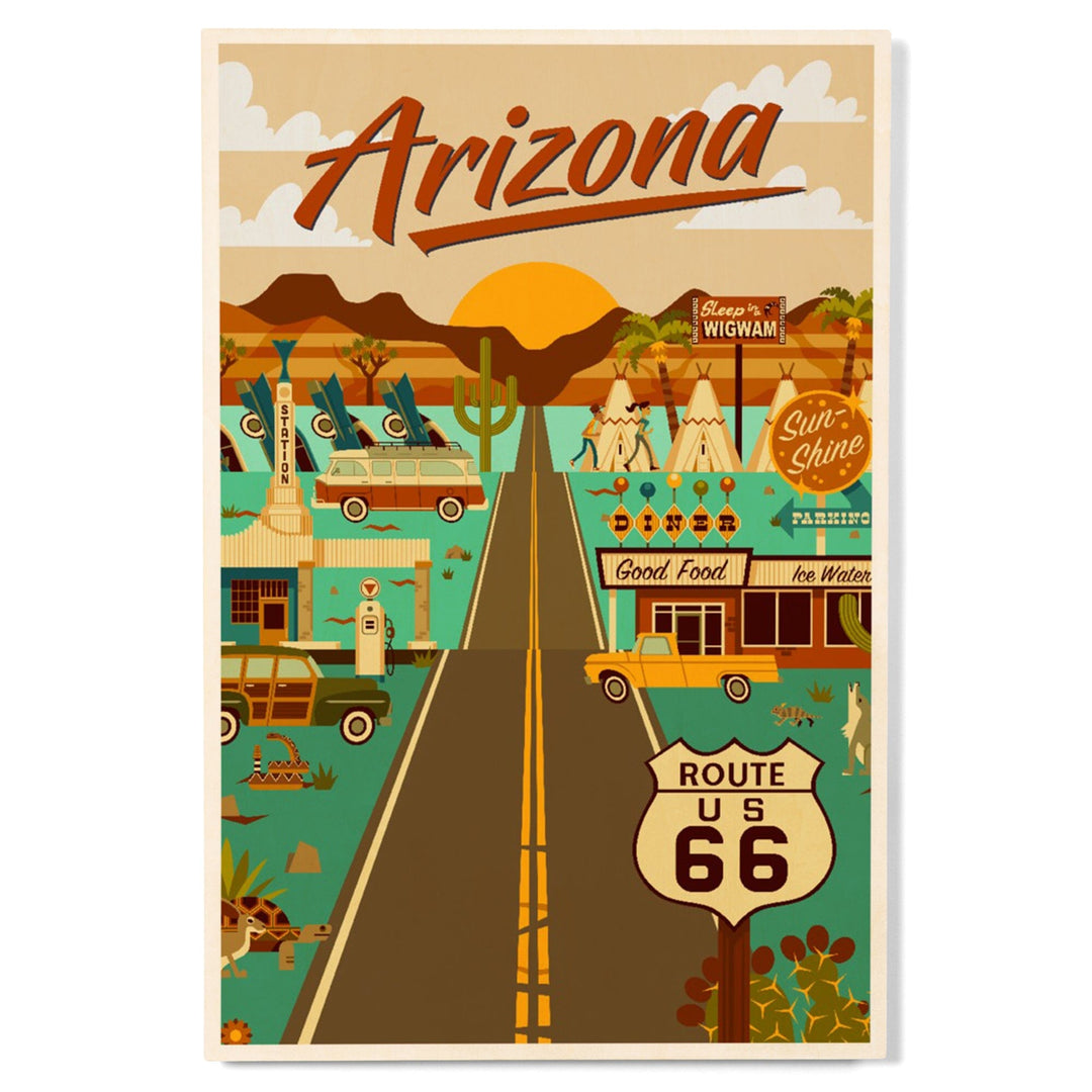 Arizona, Route 66, Geometric, Lantern Press Artwork, Wood Signs and Postcards Wood Lantern Press 