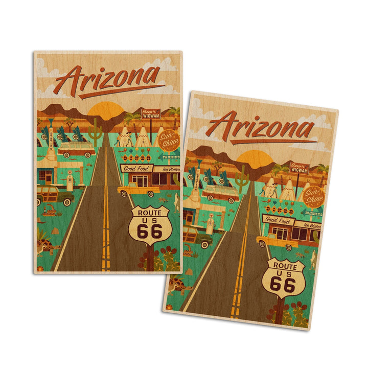 Arizona, Route 66, Geometric, Lantern Press Artwork, Wood Signs and Postcards Wood Lantern Press 4x6 Wood Postcard Set 