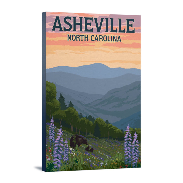 Asheville, North Carolina, Bears and Spring Flowers, Lantern Press Artwork, Stretched Canvas Canvas Lantern Press 12x18 Stretched Canvas 