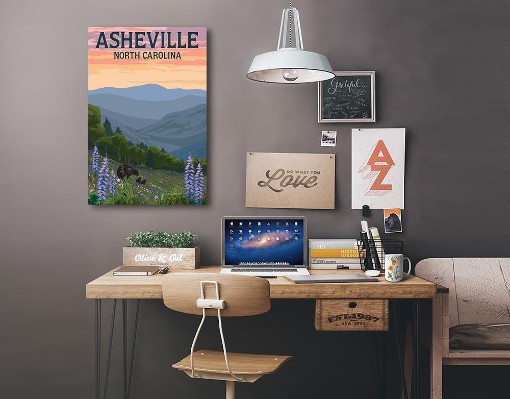 Asheville, North Carolina, Bears and Spring Flowers, Lantern Press Artwork, Stretched Canvas Canvas Lantern Press 