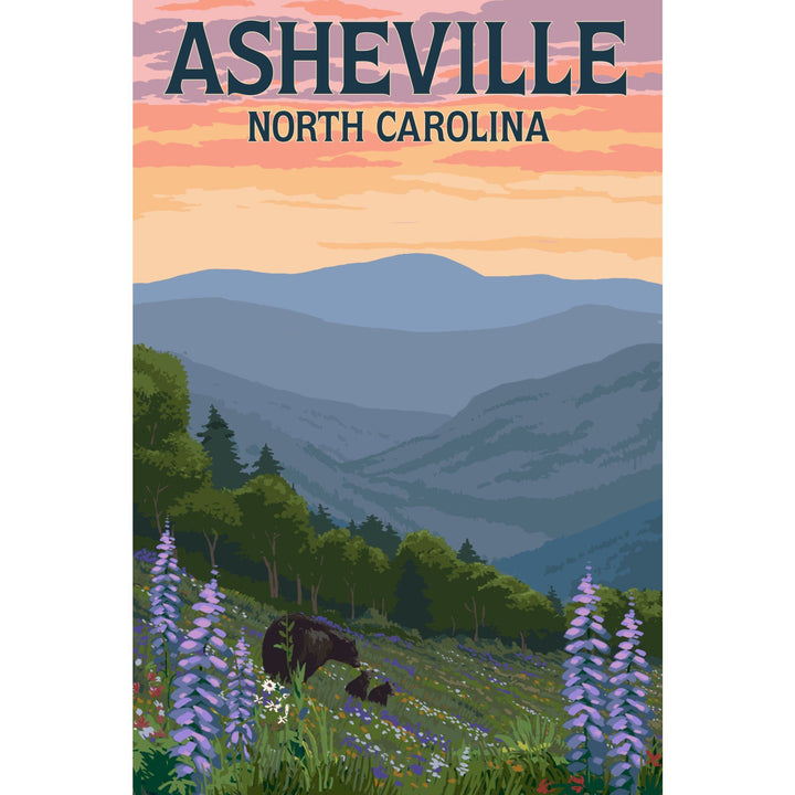 Asheville, North Carolina, Bears and Spring Flowers, Lantern Press Artwork, Towels and Aprons Kitchen Lantern Press 
