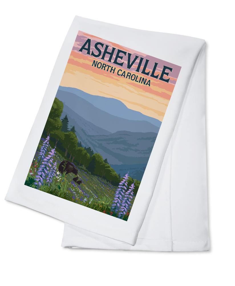 Asheville, North Carolina, Bears and Spring Flowers, Lantern Press Artwork, Towels and Aprons Kitchen Lantern Press Cotton Towel 