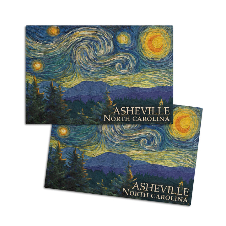 Asheville, North Carolina, Starry Night, Lantern Press Artwork, Wood Signs and Postcards Wood Lantern Press 4x6 Wood Postcard Set 