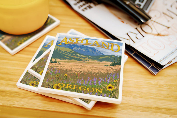 Ashland, Oregon, Field and Flowers, Lantern Press Poster, Coaster Set Coasters Lantern Press 