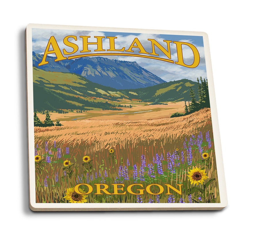 Ashland, Oregon, Field and Flowers, Lantern Press Poster, Coaster Set Coasters Lantern Press 