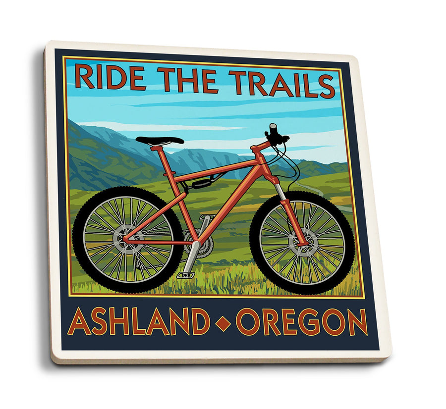Ashland, Oregon, Mountain Bike Scene, Ride the Trails, Lantern Press Artwork, Coaster Set Coasters Lantern Press 