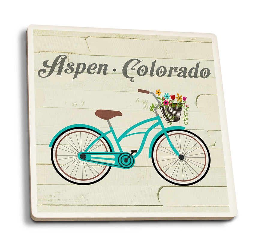 Aspen, Colorado, Beach Cruiser & Basket, The Simple Life, Lantern Press Artwork, Coaster Set Coasters Lantern Press 