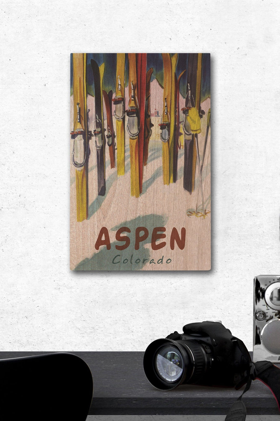 Aspen, Colorado, Colorful Skis, Lantern Press Artwork, Wood Signs and Postcards Wood Lantern Press 12 x 18 Wood Gallery Print 