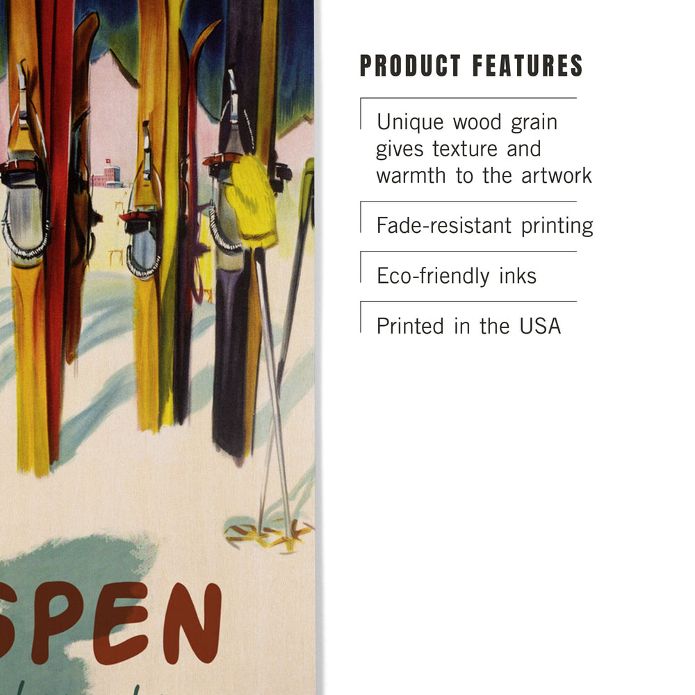 Aspen, Colorado, Colorful Skis, Lantern Press Artwork, Wood Signs and Postcards Wood Lantern Press 