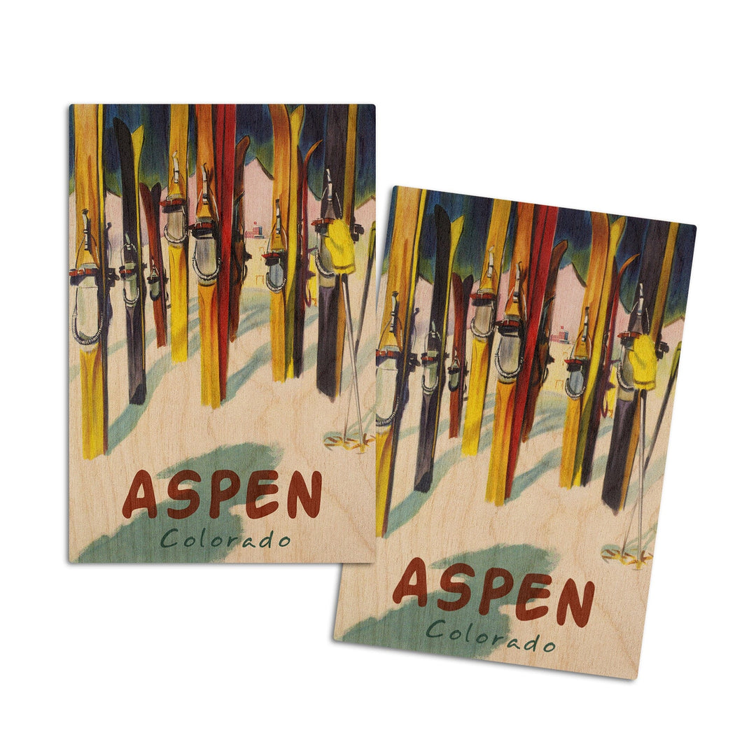 Aspen, Colorado, Colorful Skis, Lantern Press Artwork, Wood Signs and Postcards Wood Lantern Press 4x6 Wood Postcard Set 