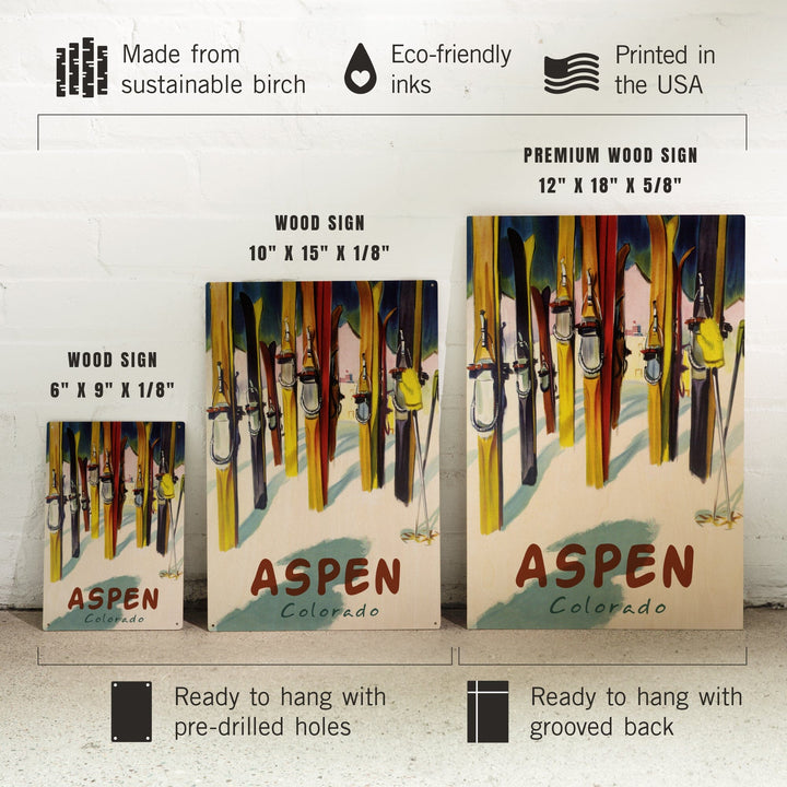 Aspen, Colorado, Colorful Skis, Lantern Press Artwork, Wood Signs and Postcards Wood Lantern Press 